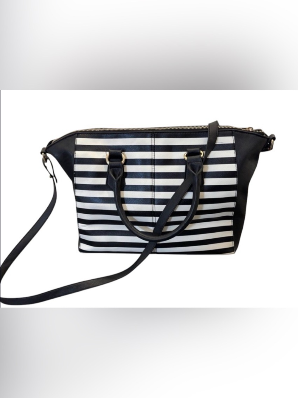 Aldo Black and White Striped Satchel with Gold Accents - Picture 1 of 12